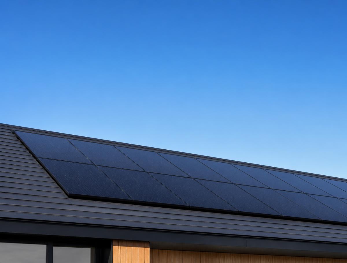 Photovoltaikanlage auf einem modernen Dach bei blauem Himmel